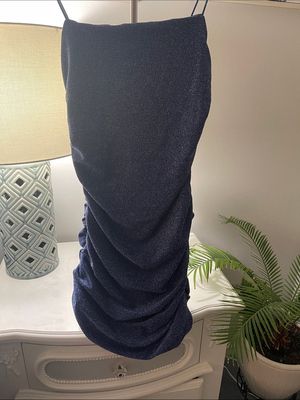 Navy Shimmer Ruched Midi Skirt